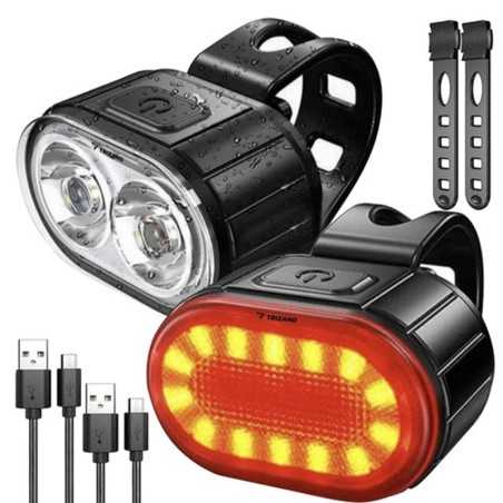 Set far si stop pentru bicicleta, impermeabil IPX4, cablu micro USB, ABS, silicon, negru