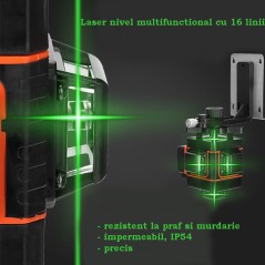 Nivel laser 4D, 16 linii, precizie 360 grade, functie autonivelare, telecomanda, 2 acumulatori 4000 mAh