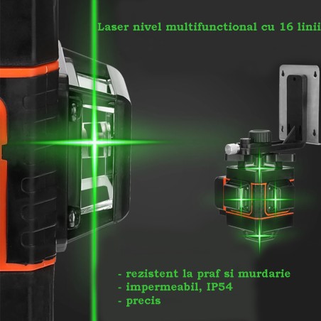 Nivel laser 4D, 16 linii, precizie 360 grade, functie autonivelare, telecomanda, 2 acumulatori 4000 mAh