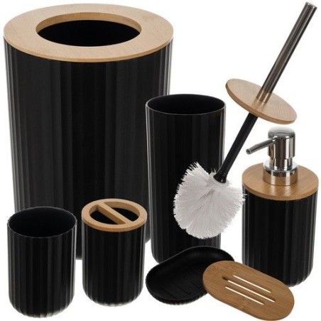 Set accesorii pentru baie, 6 piese, suprafata striata, negru/maro