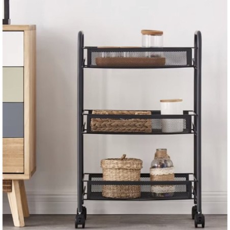 Raft bucatarie, organizator mobil cu 3 cosuri depozitare, 4 carlige, 4 roti, fier, 65x25x44 cm