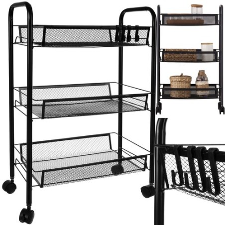 Raft bucatarie, organizator mobil cu 3 cosuri depozitare, 4 carlige, 4 roti, fier, 65x25x44 cm