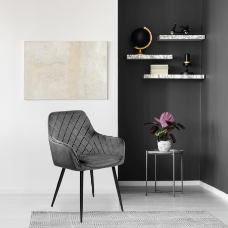 Scaun elegant pentru dining, tip fotoliu, tapiterie catifea gri, inaltime 83 cm, cadru metalic