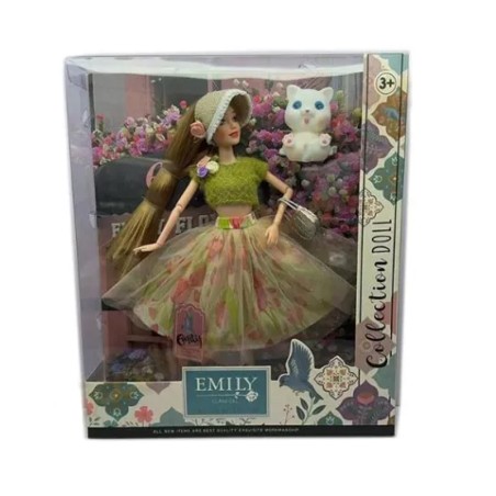 Set papusa Emily cu pisicuta, hainute si palarie incluse, articulatii mobile, 3 ani+