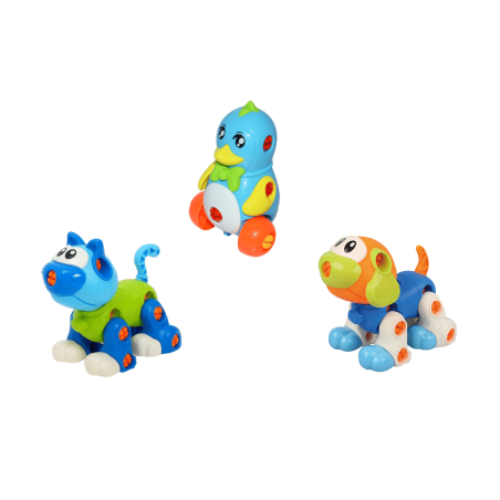 Set asamblare 3 figurine, catel, pinguin, pisica, 2 surubelnite incluse, 3 ani+