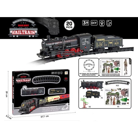 Tren electric vintage, set constructie DIY, lumini, sunete realiste, 20 piese