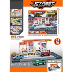 Set benzinarie cu 1 vehicul metalic, 24 piese, asamblare DIY, multicolor