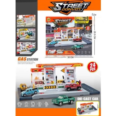 Set benzinarie cu 1 vehicul metalic, 24 piese, asamblare DIY, multicolor