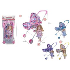 Carucior cu landou si papusa 30 cm, multicolor