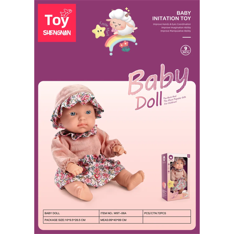 Papusa bebelus fetita, corp din vinil, rochita si caciula, 3 ani+