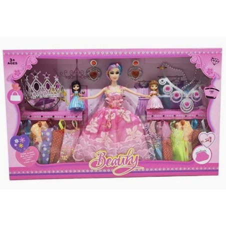 Papusa regina, coroana, bijuterii, rochite, 2 fetite, multicolor