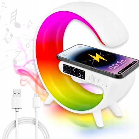 Lampa de birou LED G-Shape RGB 5W, difuzor Bluetooth 155 mm, incarcare wireless Qi, ceas cu alarma, radio FM, 420 lm