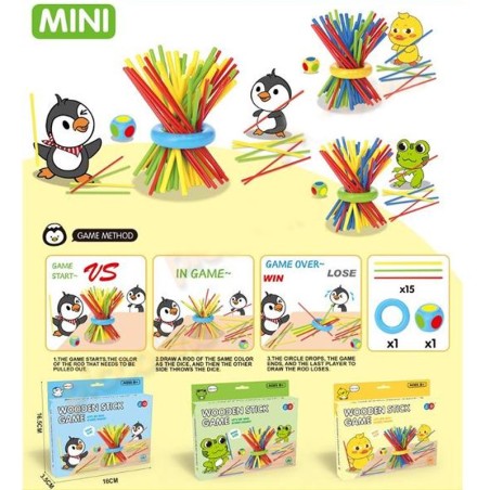 Joc educativ din lemn cu betisoare colorate, inel, zar, multicolor