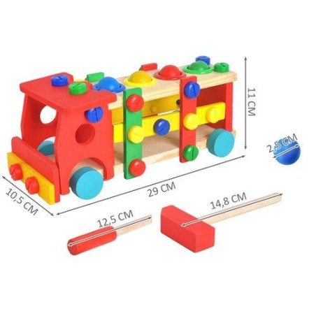 Camion din lemn, Montessori, surubelnita, bile colorate, ciocan, 29x10.5x11 cm, multicolor