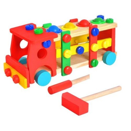 Camion din lemn, Montessori, surubelnita, bile colorate, ciocan, 29x10.5x11 cm, multicolor