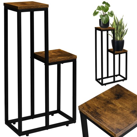 Suport de flori, 2 rafturi 67 cm si 38 cm, picioare otel negru mat, maxim 10 kg