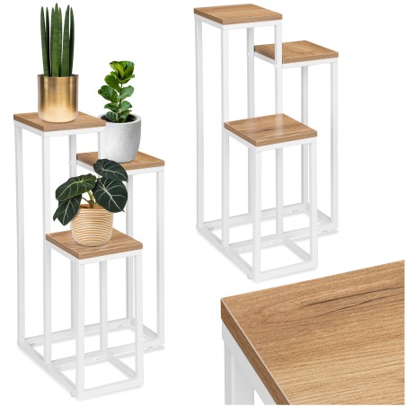 Suport alb de flori, stil scandinav, 3 polite din lemn laminat, diferite inaltimi, cadru otel