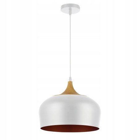 Lustra suspendata moderna, LED 60W, soclu E27, diametru abajur 30 cm, alb, auriu, lemn