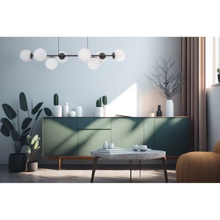 Lustra suspendata, 8 surse de lumina, 35W, abajur 12 cm, inaltime 80 cm, metal si sticla