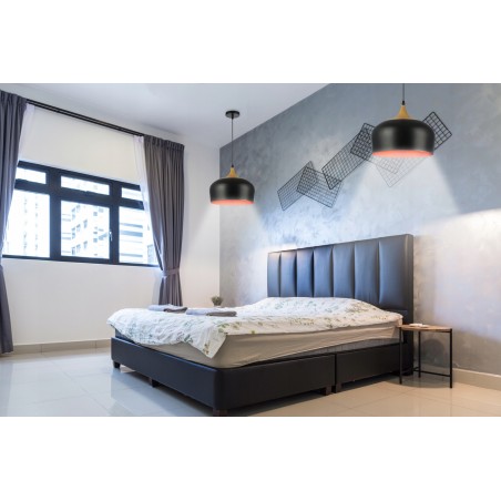 Lustra suspendata LED 60W, E27, cablu ajustabil 1 metru, negru, auriu, lemn