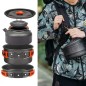 Set vase gatit si tacamuri camping, doua cani, husa transport, aluminiu anodizat Set vase gatit si tacamuri camping, doua cani, husa transport, aluminiu anodizat