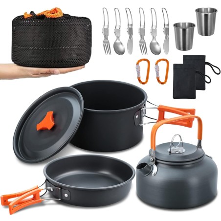 Set vase gatit si tacamuri camping, doua cani, husa transport, aluminiu anodizat