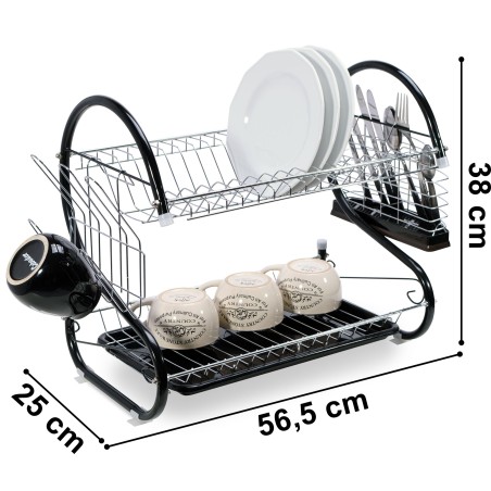 Suport vesela cu doua niveluri, tava detasabila, 25 x 56.5 x 38 cm, otel, negru/argintiu