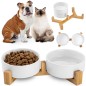 Set 2 boluri ceramice 400 ml, suport din bambus, pentru caini si pisici