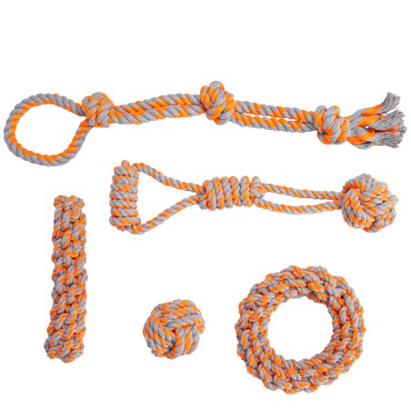 Set 5 franghii pentru caini, jucarii de mestecat, bumbac, gri/portocaliu