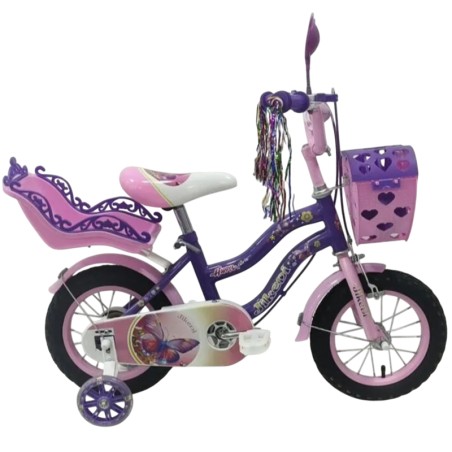Bicicleta cu roti ajutatoare, 2 sisteme de franare, portbagaj si cos frontal, maxim 40 kg, mov/roz
