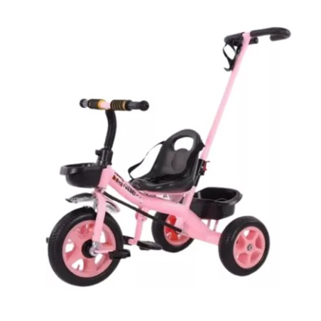 Tricicleta cu maner parental, roti spuma EVA, maxim 40 kg, manere/pedale non-alunecare, 3 ani+, roz, negru
