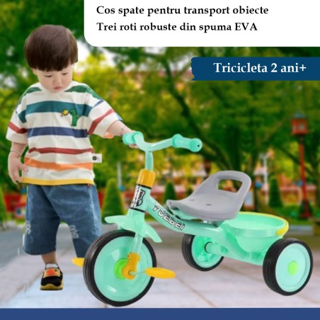 Tricicleta copii, 2 ani+, cos depozitare, roti spuma EVA, 63 x 41 x 43, verde