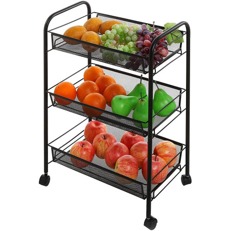 Raft metalic cu roti, 3 cosuri depozitare, inaltime 64 cm, latime 44 cm, negru