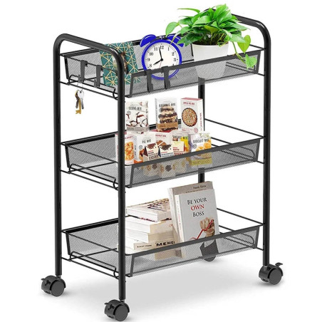 Raft metalic cu roti, 3 cosuri depozitare, inaltime 64 cm, latime 44 cm, negru