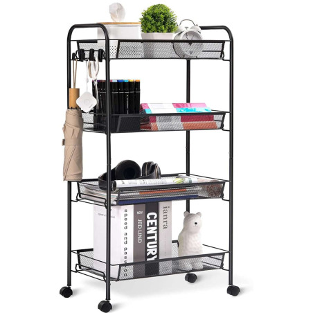 Raft multifunctional, 4 cosuri depozitare, roti transport, 83x44x27 cm, otel negru
