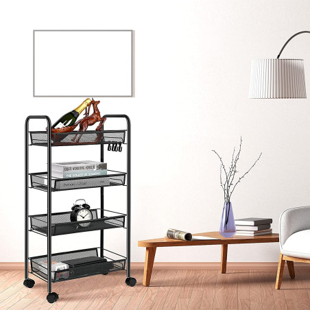 Raft multifunctional, 4 cosuri depozitare, roti transport, 83x44x27 cm, otel negru