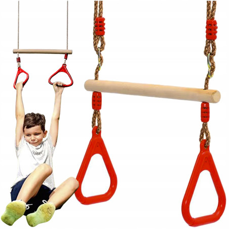 Leagan copii, trapez cu inele, bara acrobatica, lungime reglabila 140-211 cm, maxim 100 kg