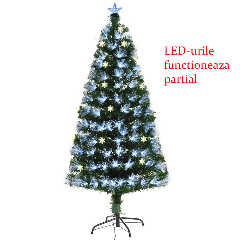 Brad artificial, fibra optica si fulgi de zapada luminosi, 210 cm, suport inclus, varf stea, RESIGILAT