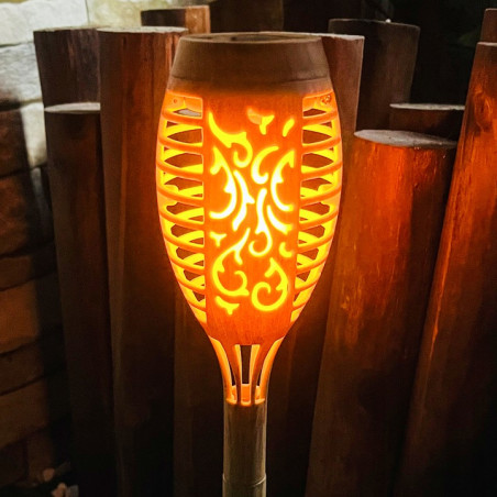 Torta solara LED, efect de flacara, 3000K, 20 lm, aspect bambus, inaltime 50 cm