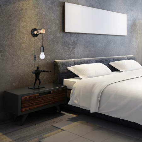 Aplica de perete, LED 50W, soclu E27, design minimalist, otel si lemn, negru