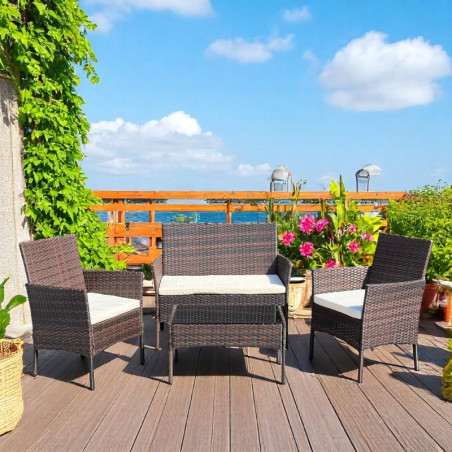 Set mobilier gradina, structura metalica, 4 piese, fotolii, canapea, masuta, model ratan, maro