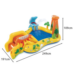 Piscina gonflabila cu topogan, Dinozaur Land pentru copii, fantana, perdea de apa, 249x191x109 cm, multicolor, 2 ani+