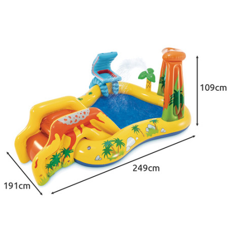 Piscina gonflabila cu topogan, Dinozaur Land pentru copii, fantana, perdea de apa, 249x191x109 cm, multicolor, 2 ani+