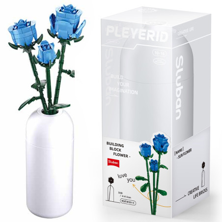 Kit constructie vaza cu tradafiri, 238 piese ABS, frunze si petale mobile, albastru