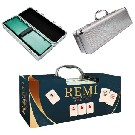 Joc Remi in cutie de aluminiu, maner transport, 106 piese, 4 table verzi de joc, 31x9x13 cm, 7 ani+