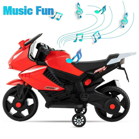 Motocicleta electrica pentru copii, roti ajutatoare, maxim 30 kg, muzica, MP3, baterie reincarcabile, 75x36x49 cm, rosu/negru