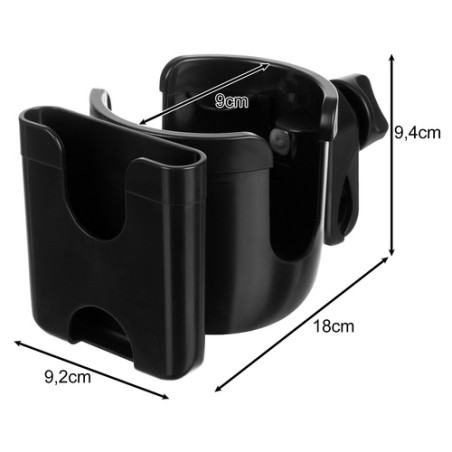 Suport pahar si telefon pentru carucior, pivotant la 360 grade, 18 x 9,2 x 9,4 cm, ABS, negru