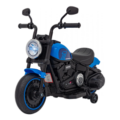 Chopper electric pentru copii, 20W, radio FM, lumini LED, Bluetooth, MP3, USB, centura, sunet pornire, negru/albastru