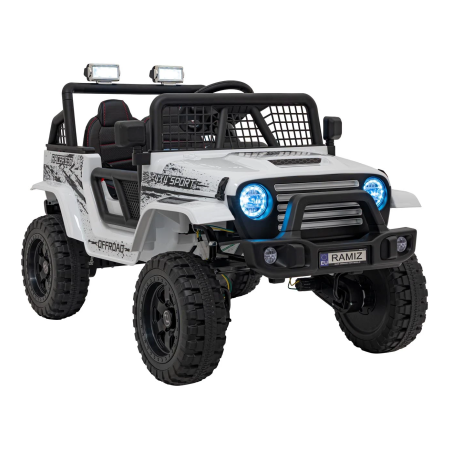 Masinuta electrica off road, 4x4, telecomanda 2.5 GHz, melodii, AUX, USB, Bluetooth, roti spuma EVA, alb/negru