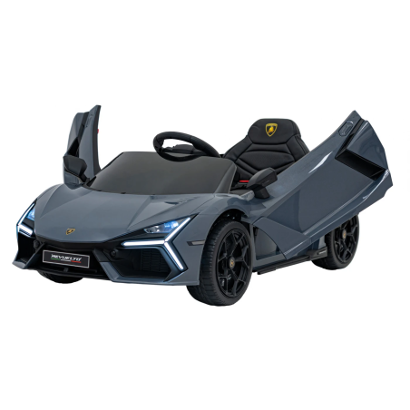 Masina Lamborghini Revuelto, 4 motoare, telecomanda, baterie 12V 9Ah, panou audio, faruri, 3 viteze, gri